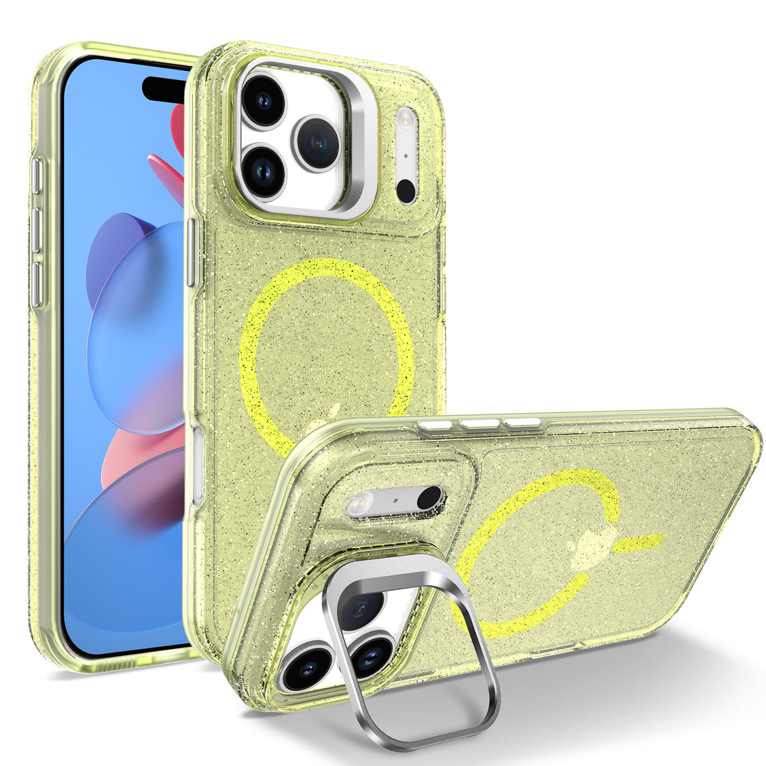 For iPhone 17 Pro Max Magnetic Case Shockproof TPU PC Glitter Phone Cover with Lens Frame Kickstand