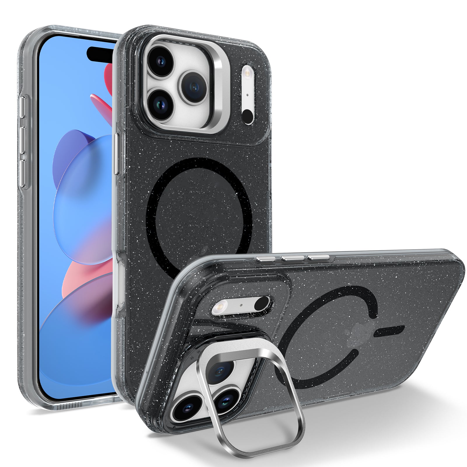 For iPhone 17 Pro Max Magnetic Case Shockproof TPU PC Glitter Phone Cover with Lens Frame Kickstand