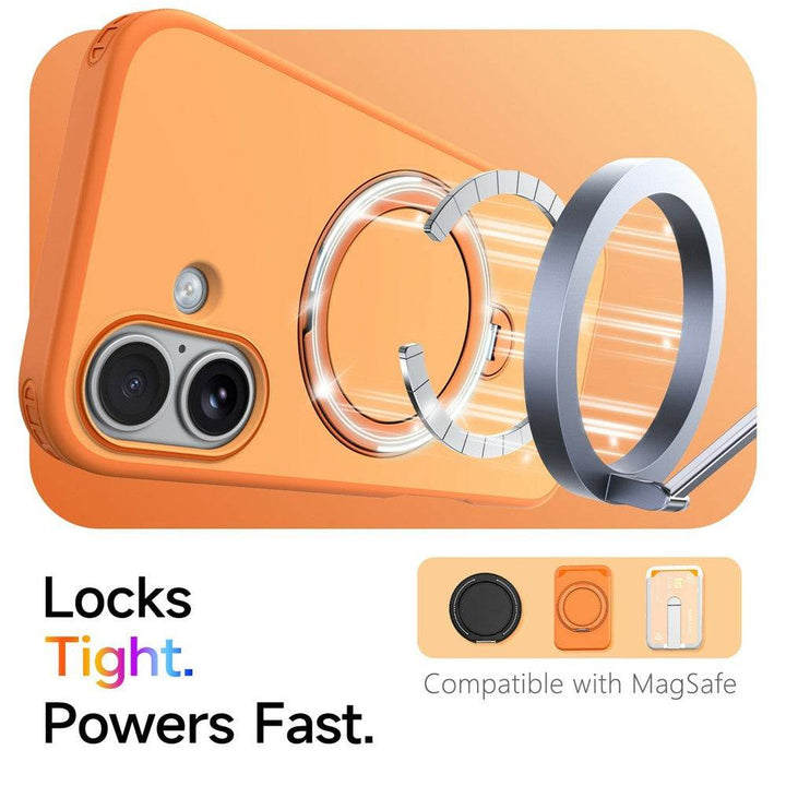 Blue iPhone 17 magnetic case with 360° rotating ring kickstand and dual-layer protective cover