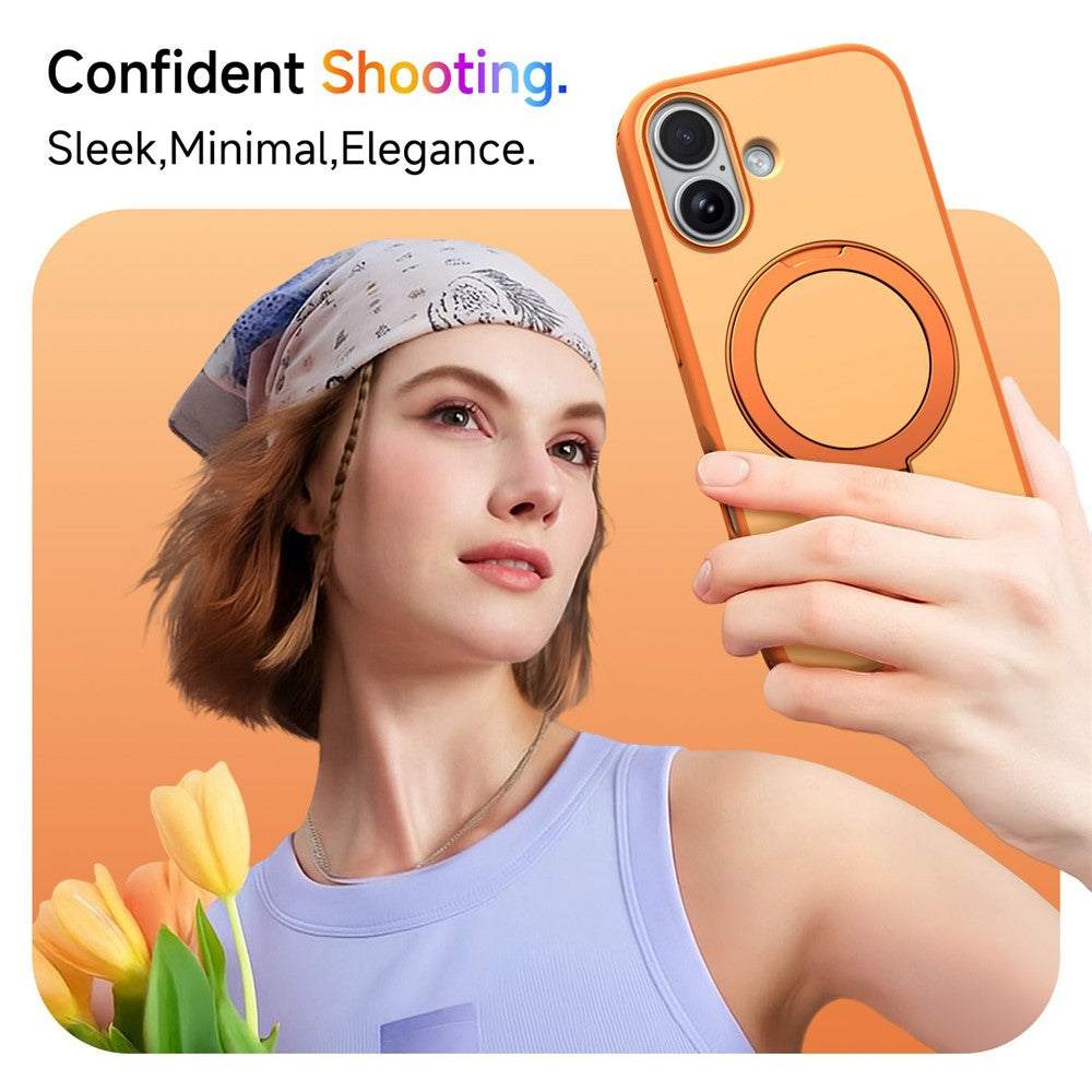 Blue iPhone 17 magnetic case with 360° rotating ring kickstand and dual-layer protection