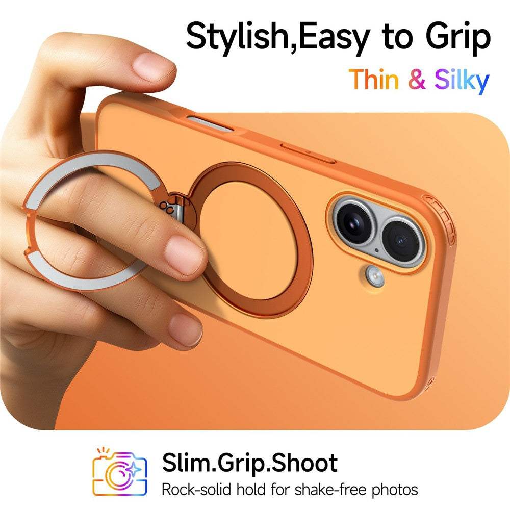 Blue iPhone 17 magnetic case with 360° rotating ring holder kickstand and dual-layer PC TPU protection