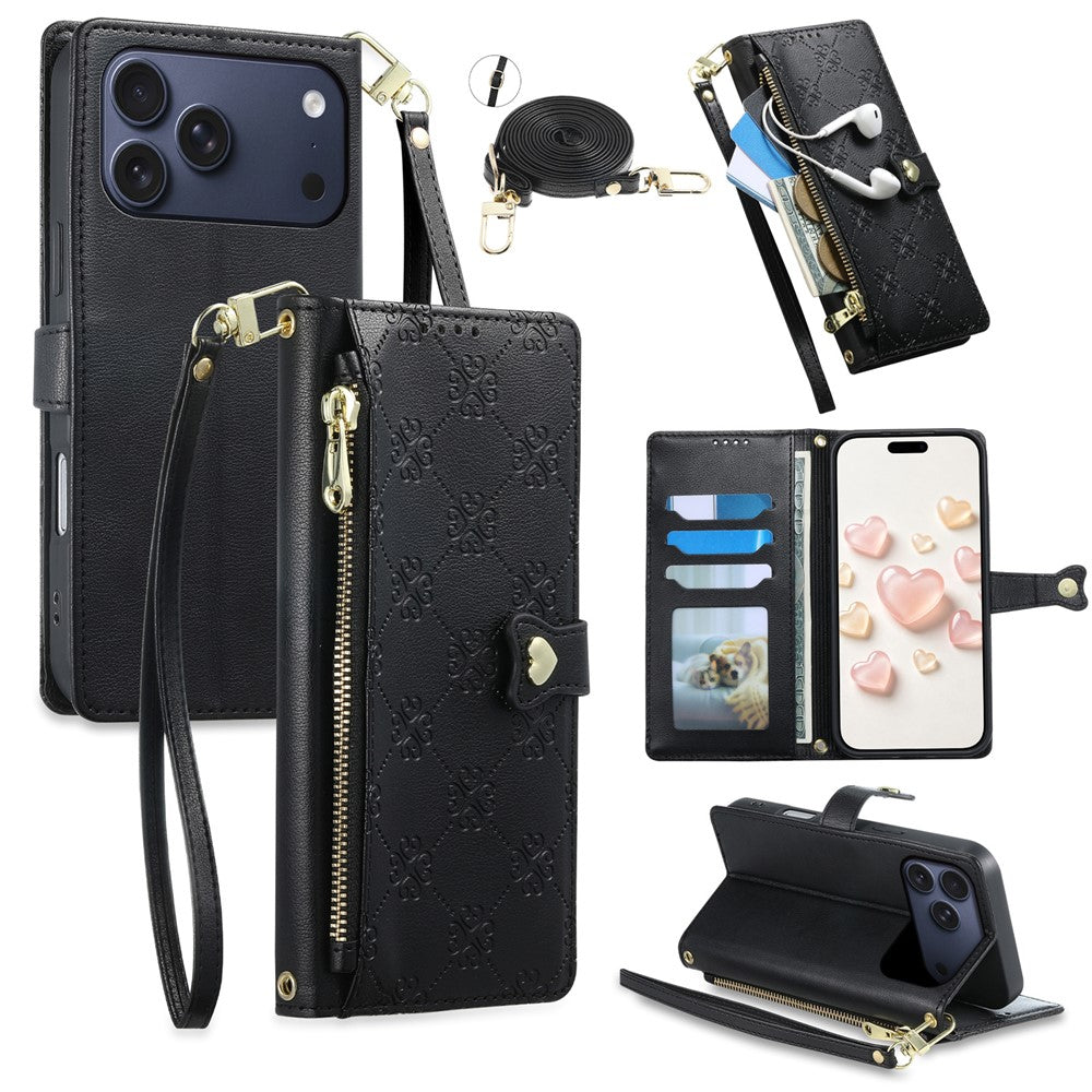 For iPhone 18 Pro Max  /  17 Pro Max Leather Case Hearts Imprint Zipper Pocket Wallet Phone Cover with Short and Long Straps