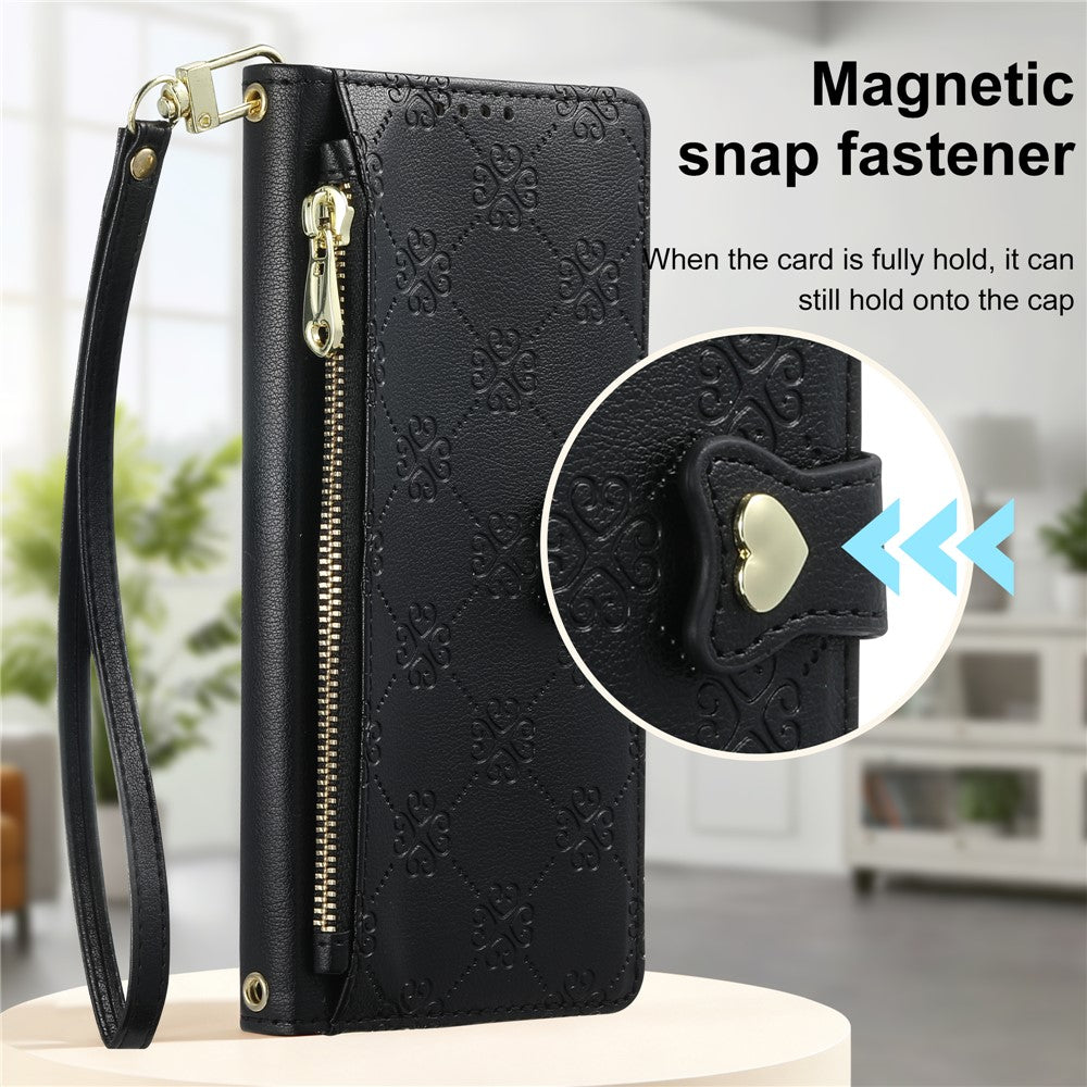 For iPhone 18 Pro Max  /  17 Pro Max Leather Case Hearts Imprint Zipper Pocket Wallet Phone Cover with Short and Long Straps