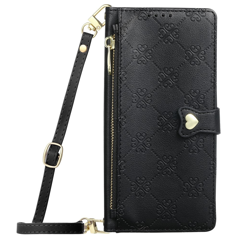 For iPhone 18 Pro Max  /  17 Pro Max Leather Case Hearts Imprint Zipper Pocket Wallet Phone Cover with Short and Long Straps