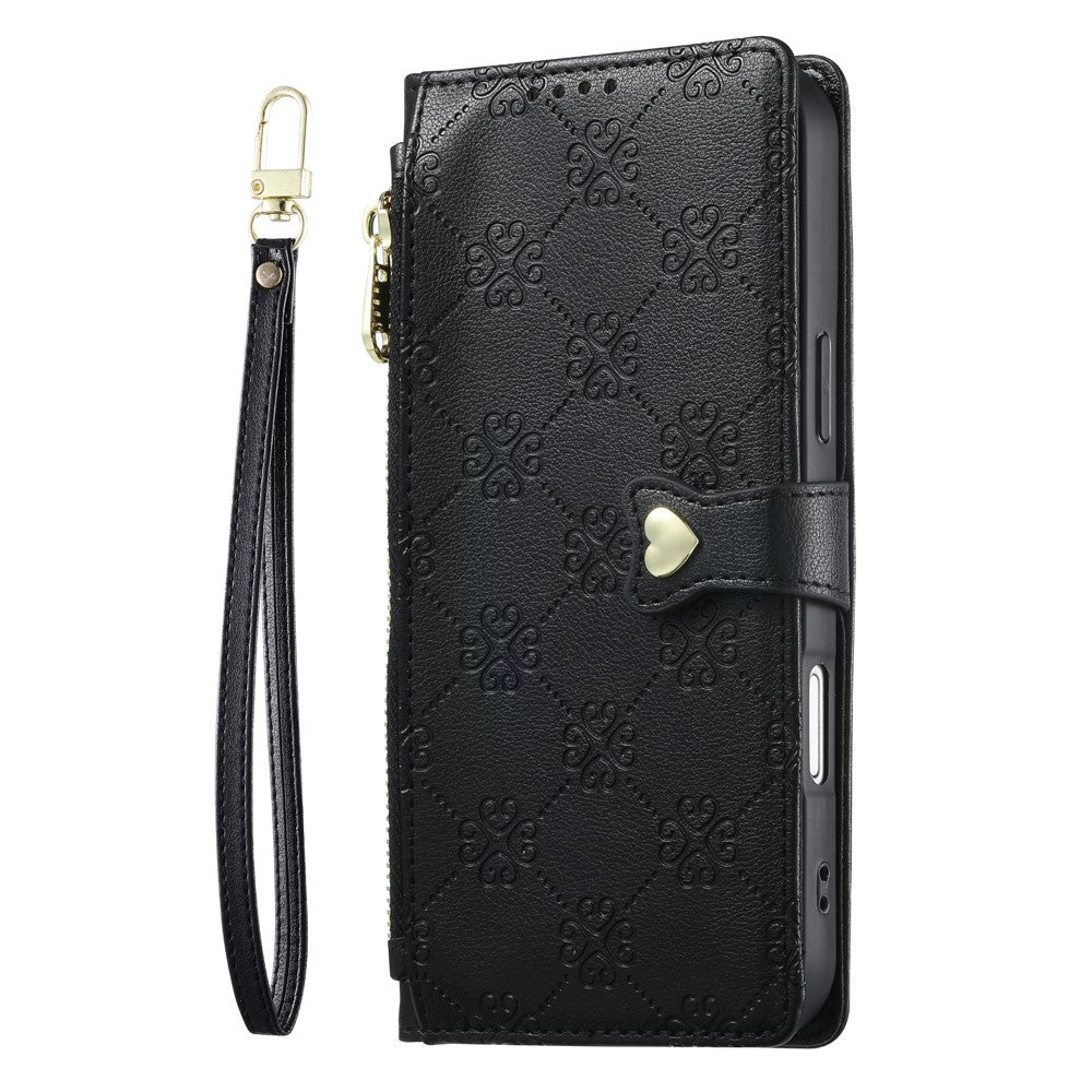 For iPhone 18 Pro Max  /  17 Pro Max Leather Case Hearts Imprint Zipper Pocket Wallet Phone Cover with Short and Long Straps