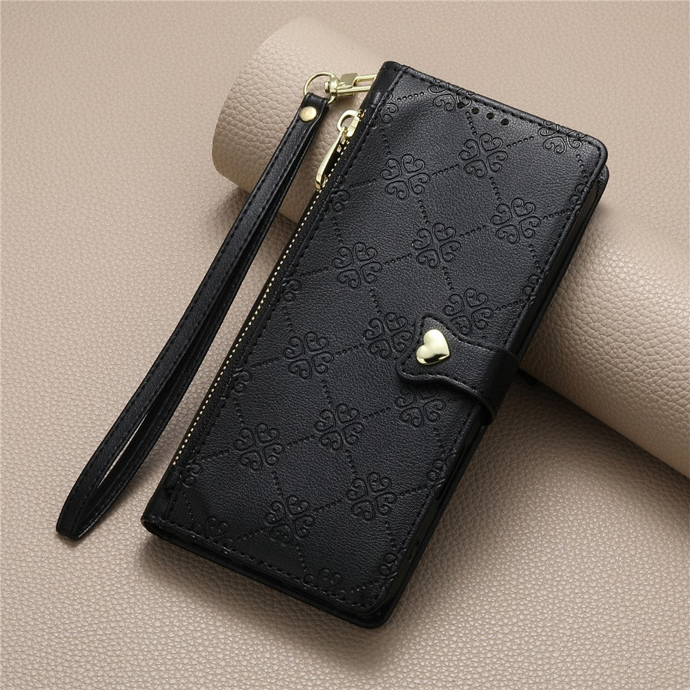 For iPhone 18 Pro Max  /  17 Pro Max Leather Case Hearts Imprint Zipper Pocket Wallet Phone Cover with Short and Long Straps