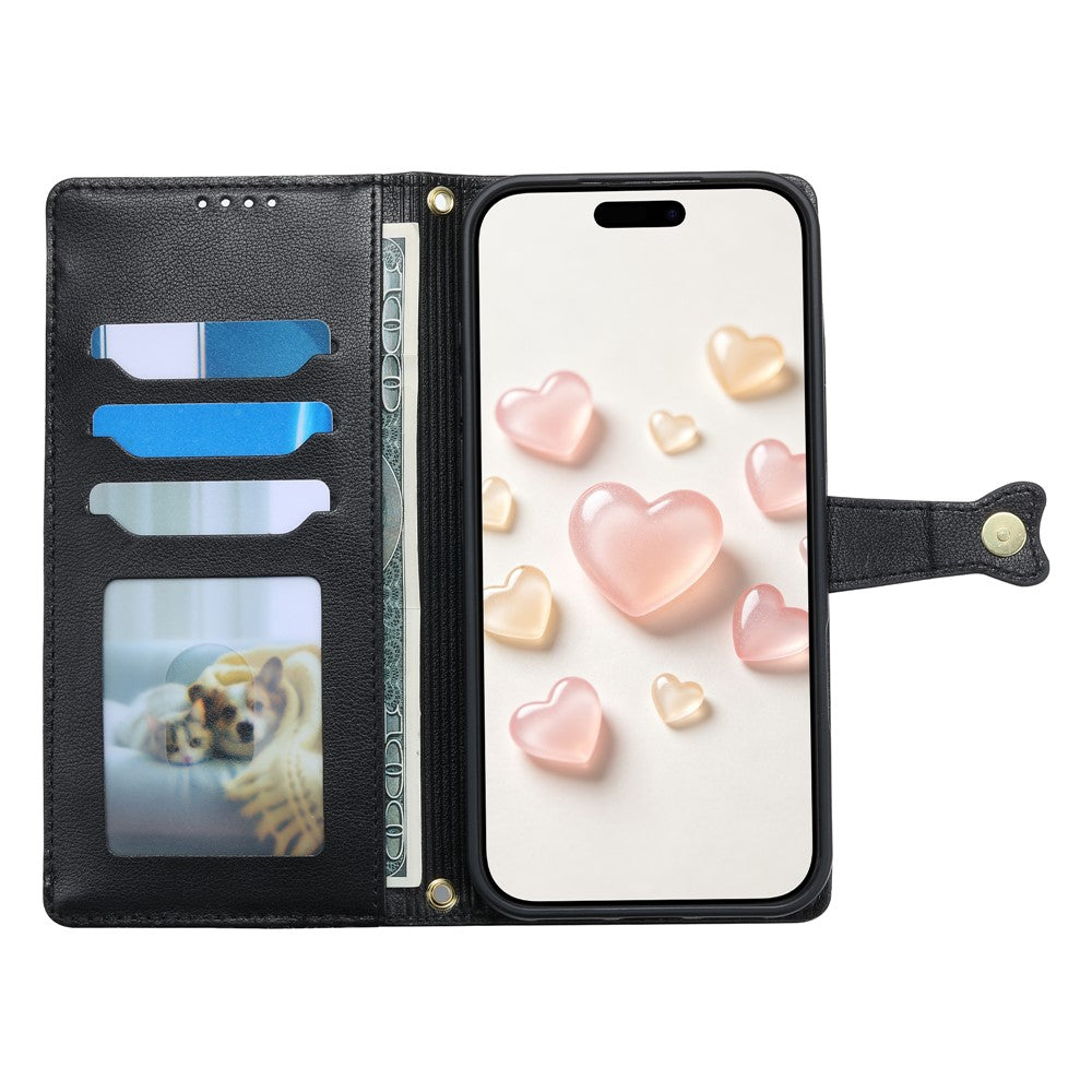 For iPhone 18 Pro Max  /  17 Pro Max Leather Case Hearts Imprint Zipper Pocket Wallet Phone Cover with Short and Long Straps