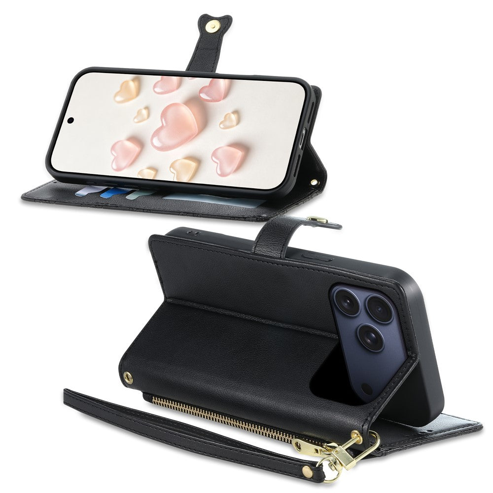 For iPhone 18 Pro Max  /  17 Pro Max Leather Case Hearts Imprint Zipper Pocket Wallet Phone Cover with Short and Long Straps