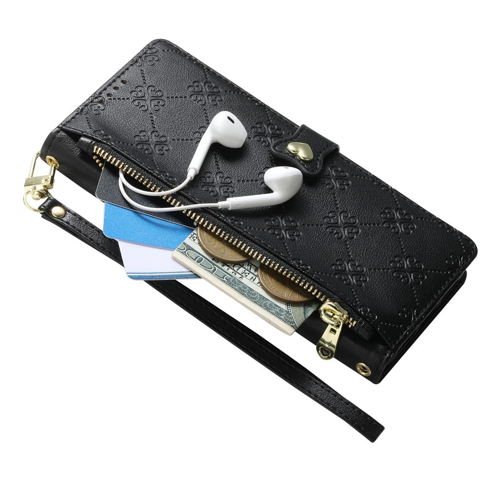 For iPhone 18 Pro Max  /  17 Pro Max Leather Case Hearts Imprint Zipper Pocket Wallet Phone Cover with Short and Long Straps