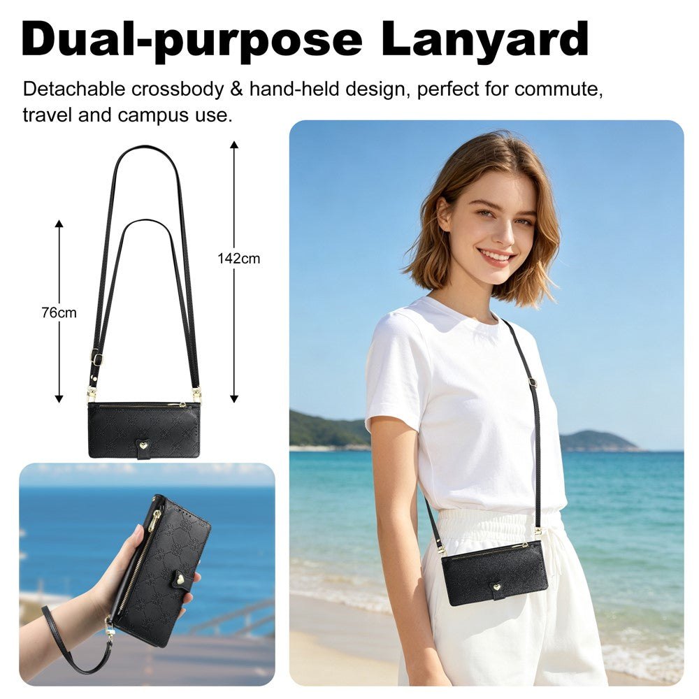 For iPhone 18 Pro Max  /  17 Pro Max Leather Case Hearts Imprint Zipper Pocket Wallet Phone Cover with Short and Long Straps