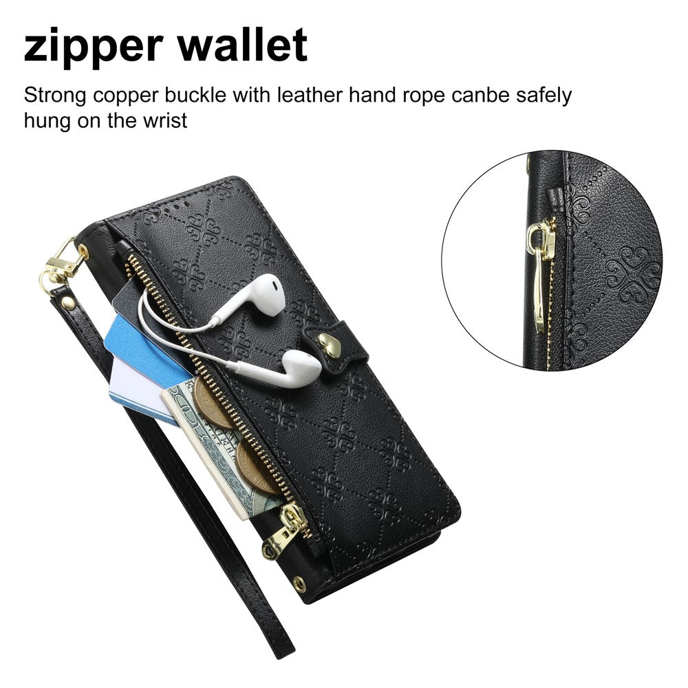 For iPhone 18 Pro Max  /  17 Pro Max Leather Case Hearts Imprint Zipper Pocket Wallet Phone Cover with Short and Long Straps