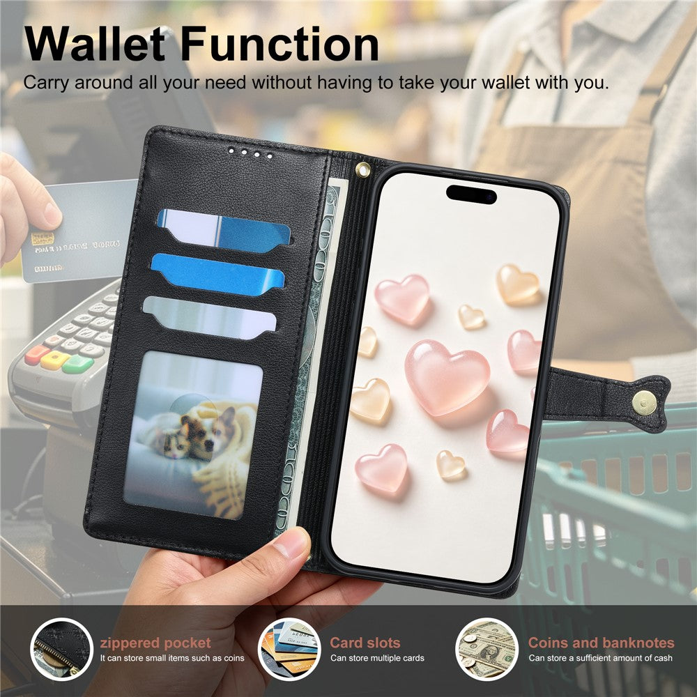 For iPhone 18 Pro Max  /  17 Pro Max Leather Case Hearts Imprint Zipper Pocket Wallet Phone Cover with Short and Long Straps