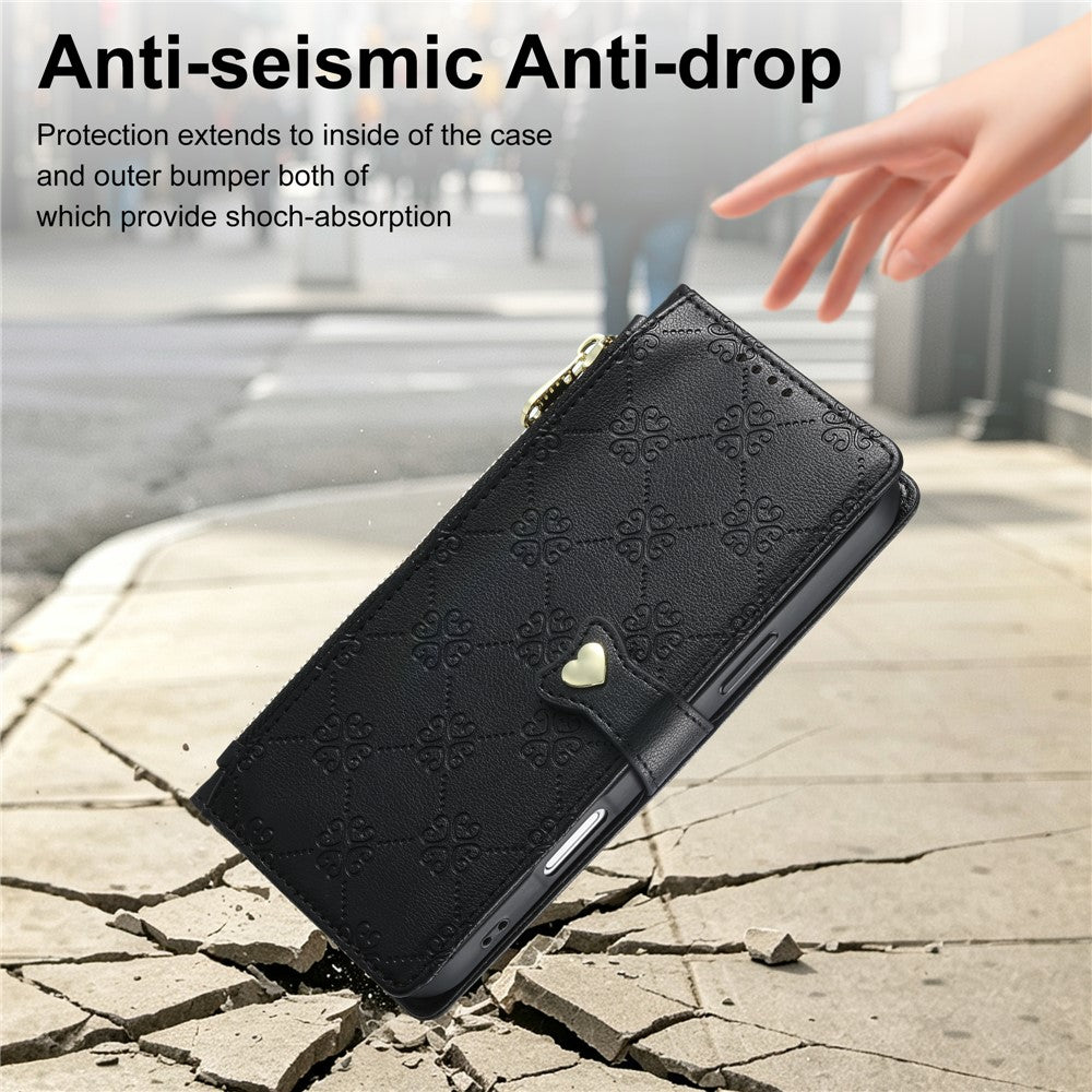 For iPhone 18 Pro Max  /  17 Pro Max Leather Case Hearts Imprint Zipper Pocket Wallet Phone Cover with Short and Long Straps