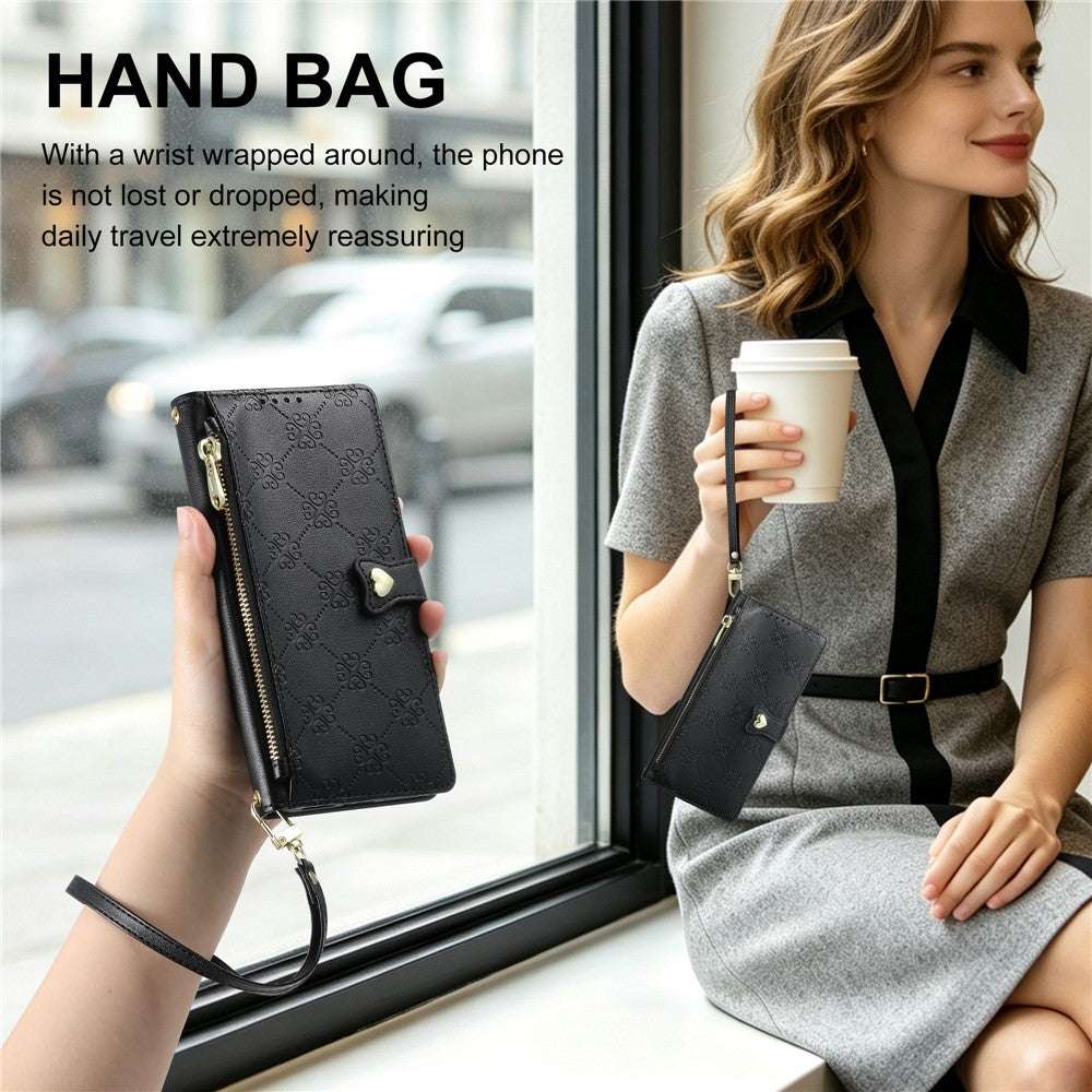 For iPhone 18 Pro Max  /  17 Pro Max Leather Case Hearts Imprint Zipper Pocket Wallet Phone Cover with Short and Long Straps