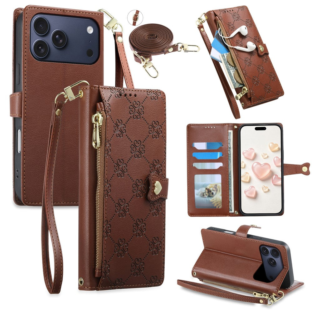 For iPhone 18 Pro Max  /  17 Pro Max Leather Case Hearts Imprint Zipper Pocket Wallet Phone Cover with Short and Long Straps