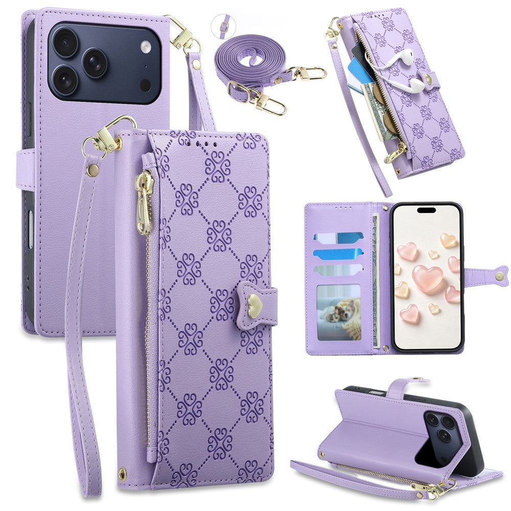 For iPhone 18 Pro Max  /  17 Pro Max Leather Case Hearts Imprint Zipper Pocket Wallet Phone Cover with Short and Long Straps