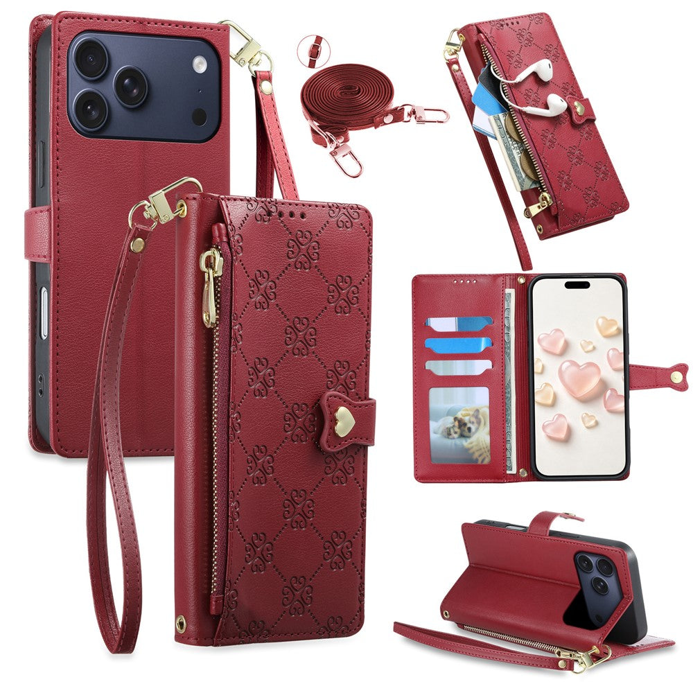 For iPhone 18 Pro Max  /  17 Pro Max Leather Case Hearts Imprint Zipper Pocket Wallet Phone Cover with Short and Long Straps