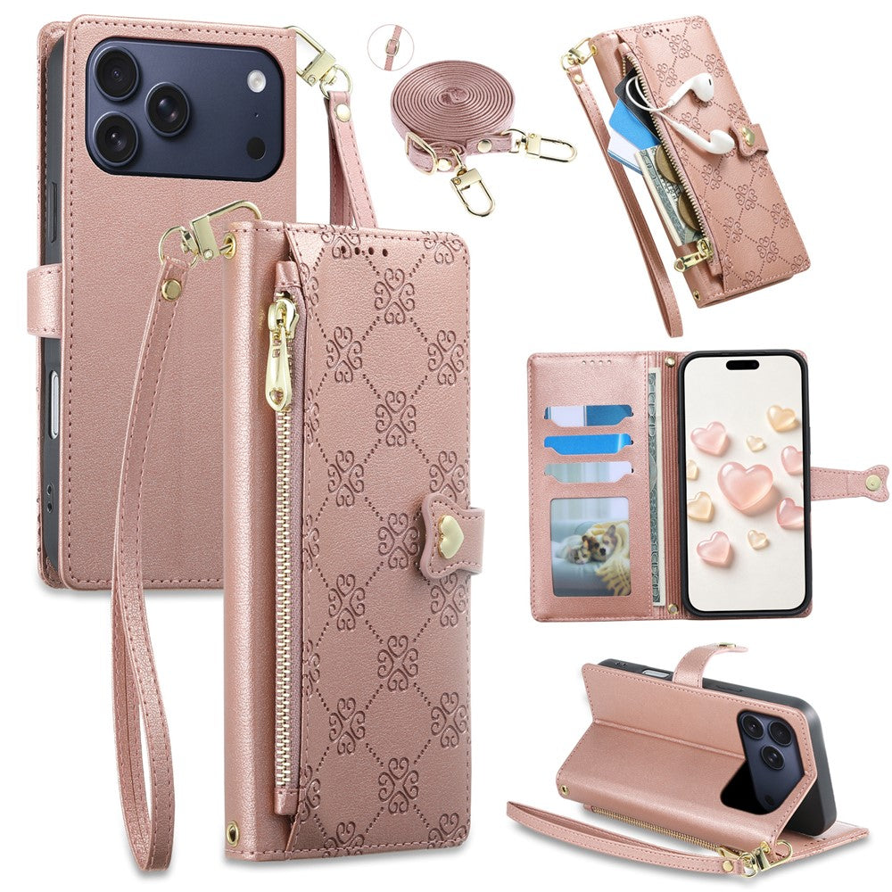 For iPhone 18 Pro Max  /  17 Pro Max Leather Case Hearts Imprint Zipper Pocket Wallet Phone Cover with Short and Long Straps