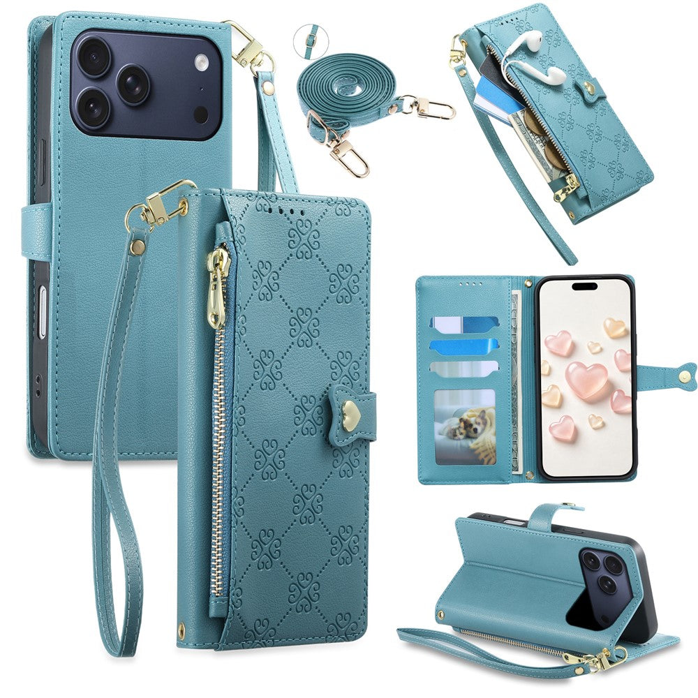 For iPhone 18 Pro Max  /  17 Pro Max Leather Case Hearts Imprint Zipper Pocket Wallet Phone Cover with Short and Long Straps