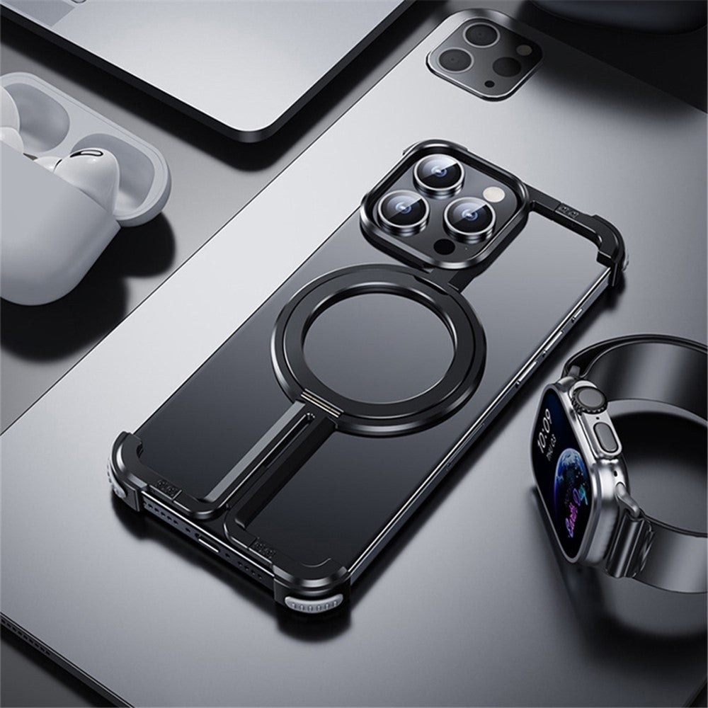 For iPhone 14 Pro Aluminum Alloy + TPU Case Kickstand Frameless Phone Cover Compatible with MagSafe