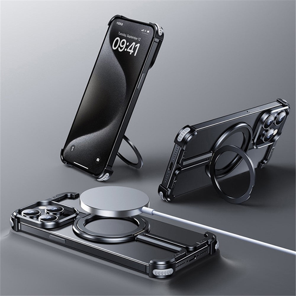 For iPhone 14 Pro Aluminum Alloy + TPU Case Kickstand Frameless Phone Cover Compatible with MagSafe