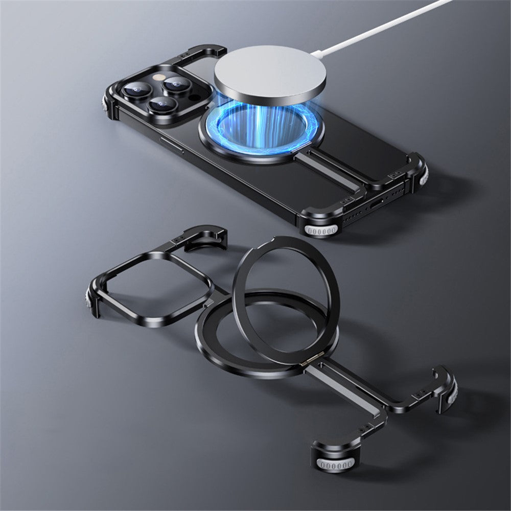 For iPhone 14 Pro Aluminum Alloy + TPU Case Kickstand Frameless Phone Cover Compatible with MagSafe