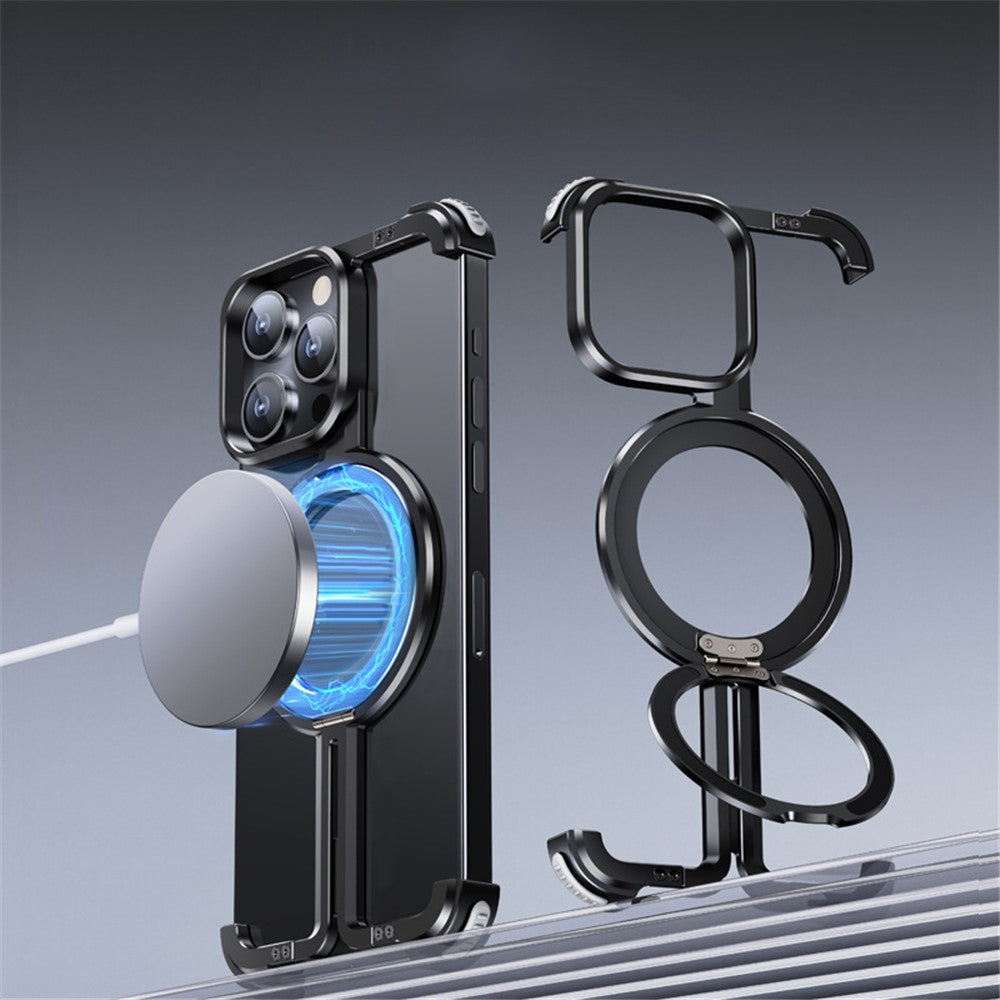 For iPhone 14 Pro Aluminum Alloy + TPU Case Kickstand Frameless Phone Cover Compatible with MagSafe