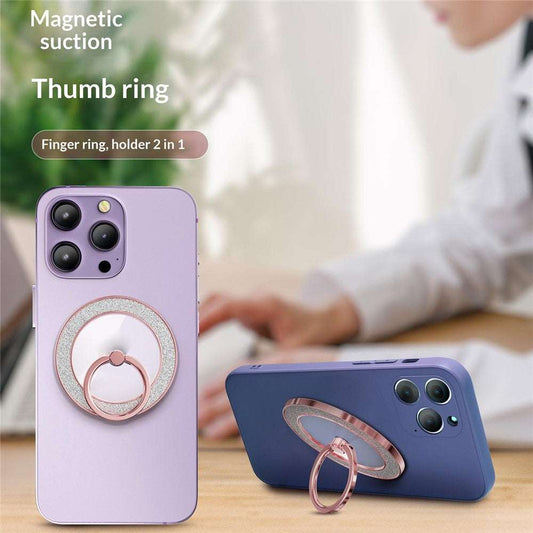 Silver glitter magnetic ring holder with 360° rotating phone grip and kickstand