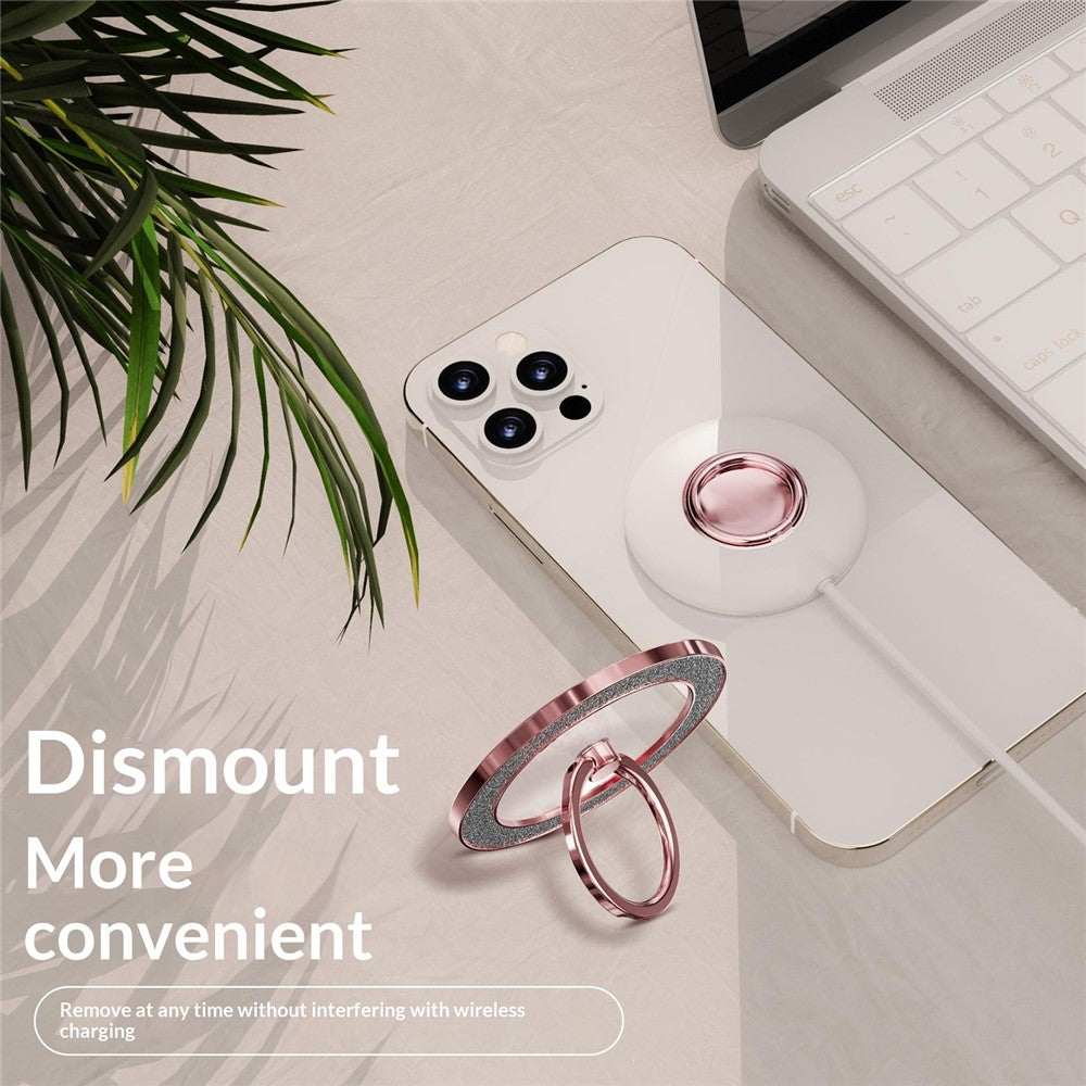 Glitter Magnetic Ring Holder 360° rotating silver phone grip and kickstand with strong magnetic attachment and wireless charging compatibility