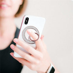 Glitter magnetic ring holder with 360° rotating phone grip and silver sparkly metal frame