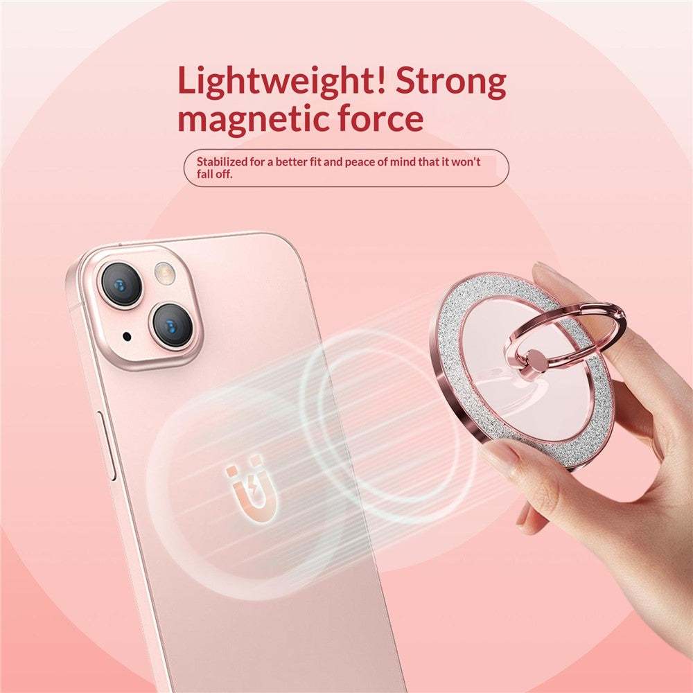 Silver glitter magnetic ring holder with 360° rotating phone grip and kickstand