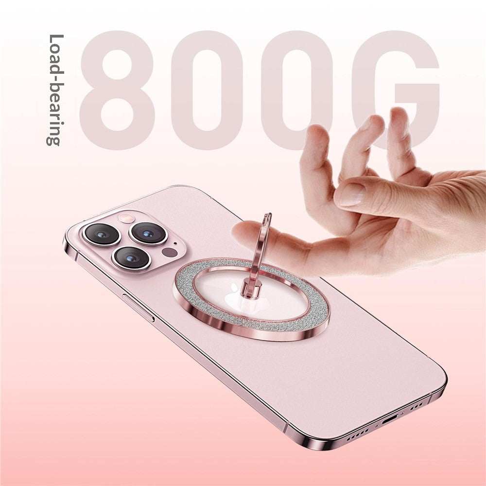 Silver glitter magnetic ring holder with 360° rotating phone grip and kickstand