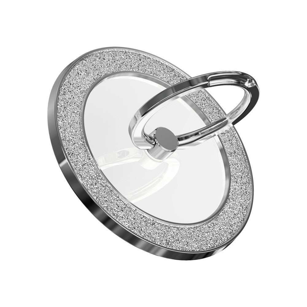 Silver glitter magnetic ring holder stand with 360° rotation and 180° fold, compatible with MagSafe devices and wireless charging.