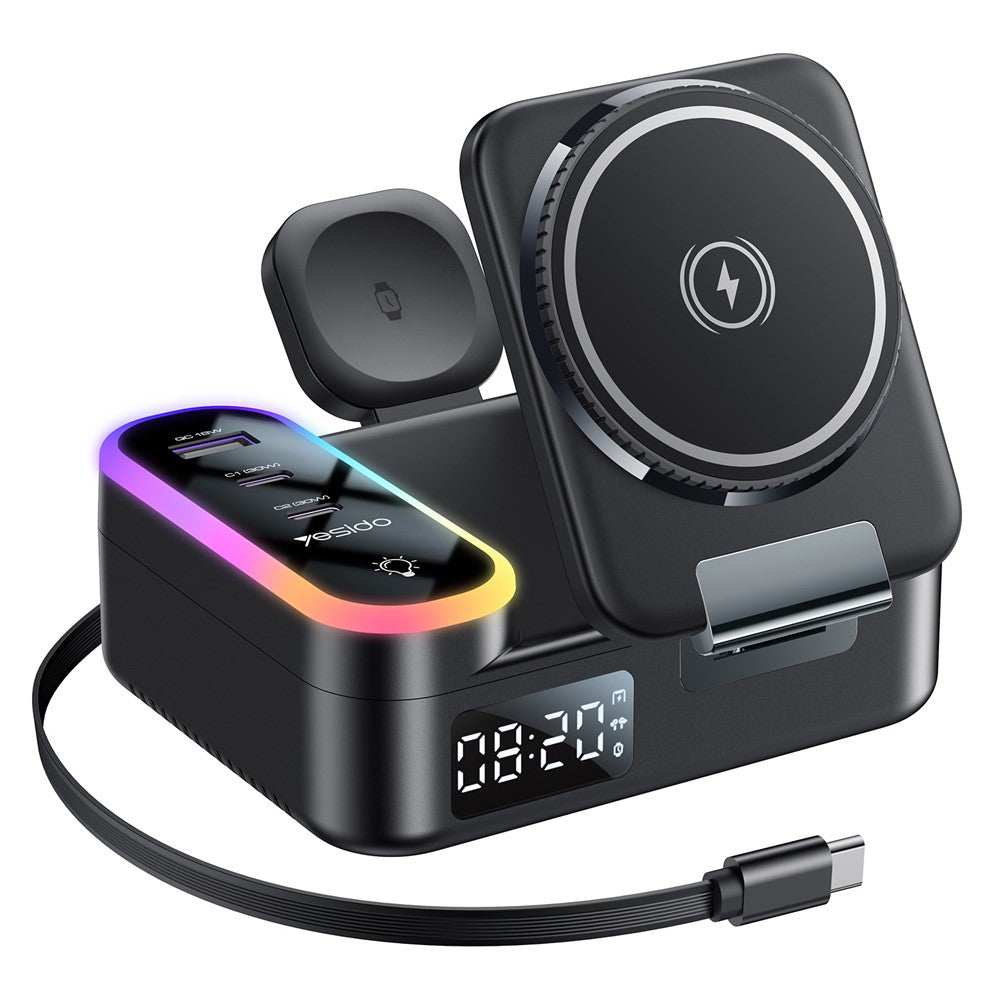 YESIDO DS38 65W Magnetic Wireless Charging Station for Phone / Watch / Earbuds Digital Clock with Retractable Type C Cable