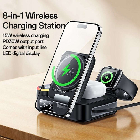 YESIDO DS38 65W Magnetic Wireless Charging Station for Phone / Watch / Earbuds Digital Clock with Retractable Type C Cable