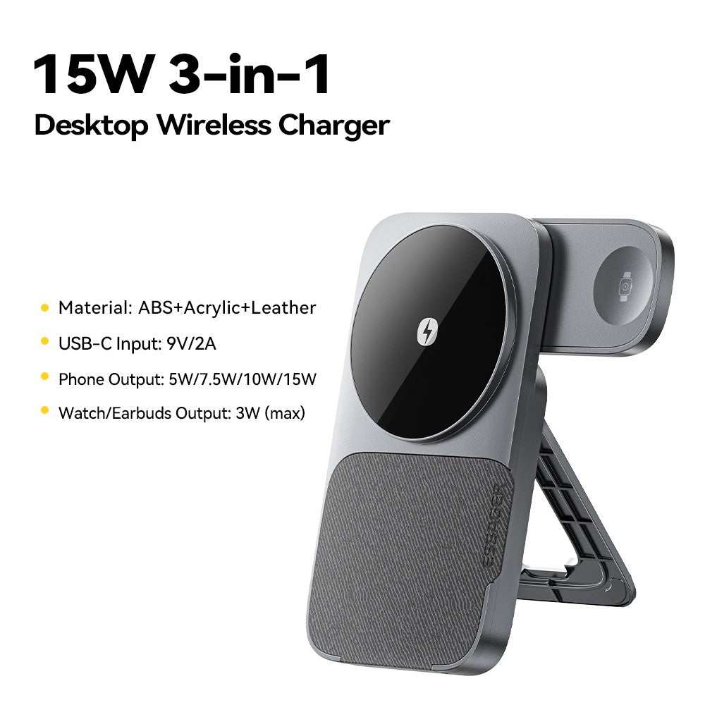 ESSAGER 3 in 1 Foldable Wireless Charger for Phone / Watch / Earbuds 15W Fast Charging Stand
