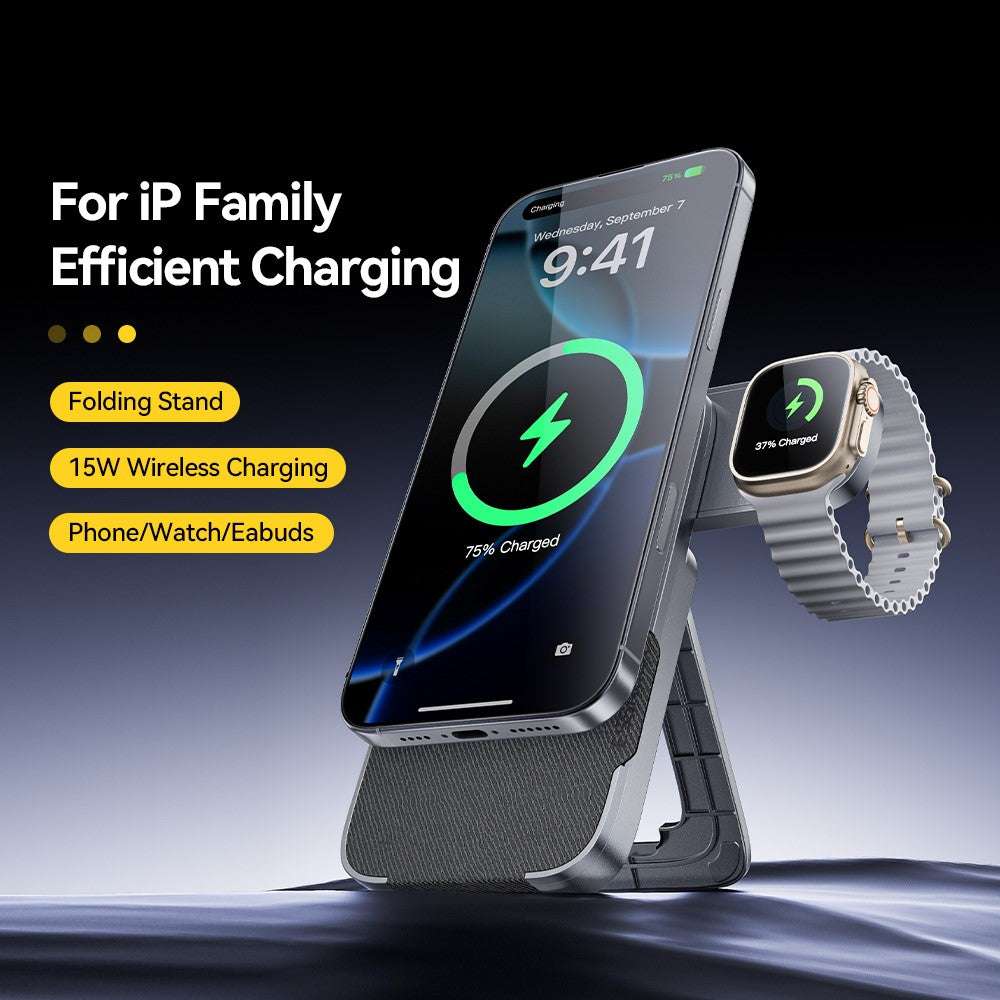 ESSAGER 3 in 1 Foldable Wireless Charger for Phone / Watch / Earbuds 15W Fast Charging Stand