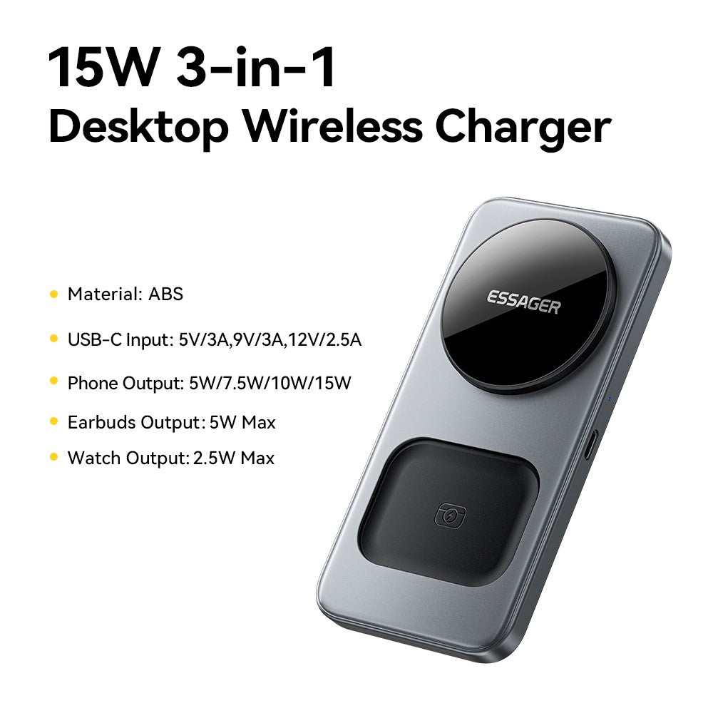 ESSAGER 3 in 1 foldable wireless charger with magnetic design for phone, watch, and earbuds fast 15W charging