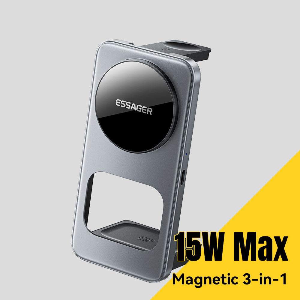ESSAGER 3 in 1 wireless charger for phone, watch, earbuds with 15W fast charging and foldable design