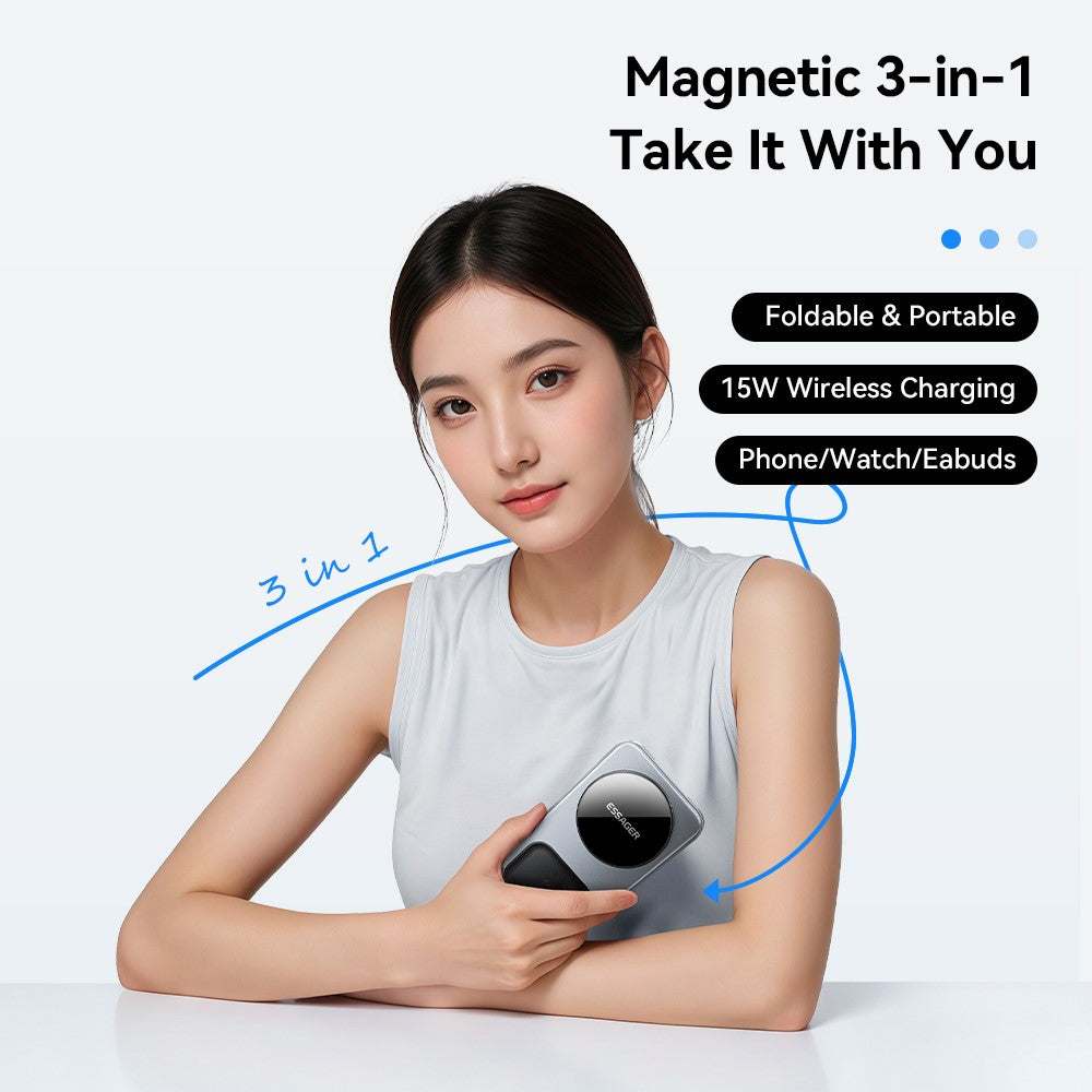 ESSAGER 3-in-1 foldable wireless charger charging phone, watch, and earbuds with 15W fast charging and magnetic design