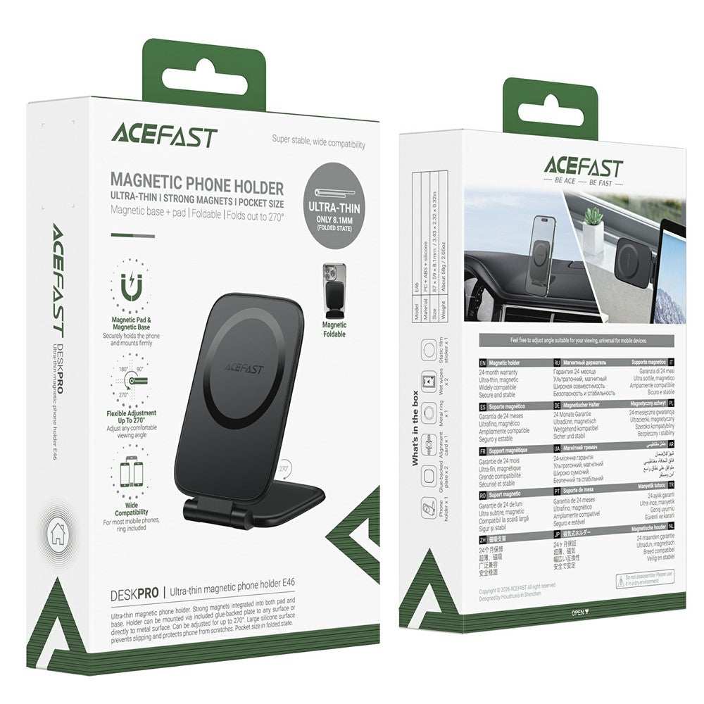 ACEFAST E46 ultra-thin black magnetic phone holder with 270° adjustable foldable desktop stand