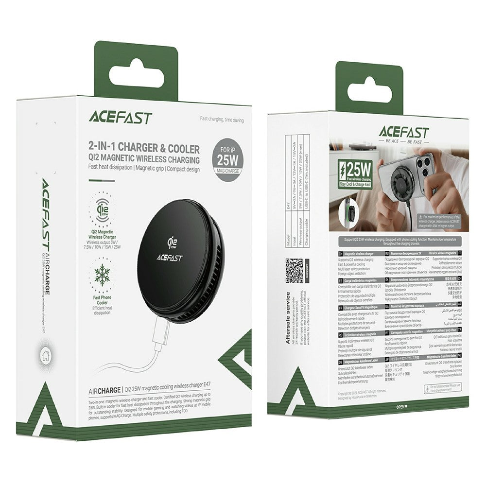 ACEFAST E47 QI2 25W black wireless charger with magnetic cooling and fast charging for smartphones