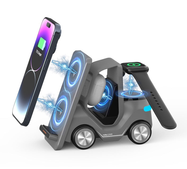T20S Forklift Design 3 in 1 Desktop Wireless Charger Stand 15W Fast Charging for Phone Watch Earphone