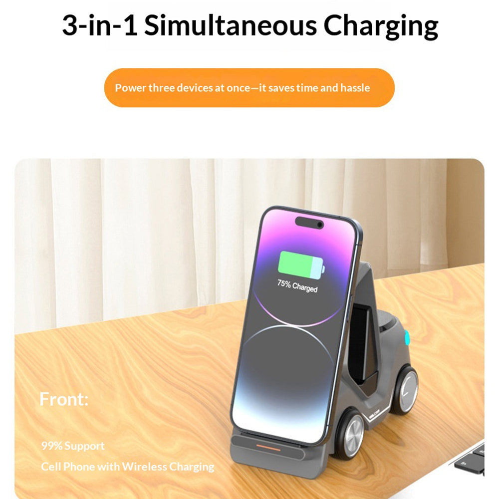T20S Forklift Design 3 in 1 Desktop Wireless Charger Stand 15W Fast Charging for Phone Watch Earphone