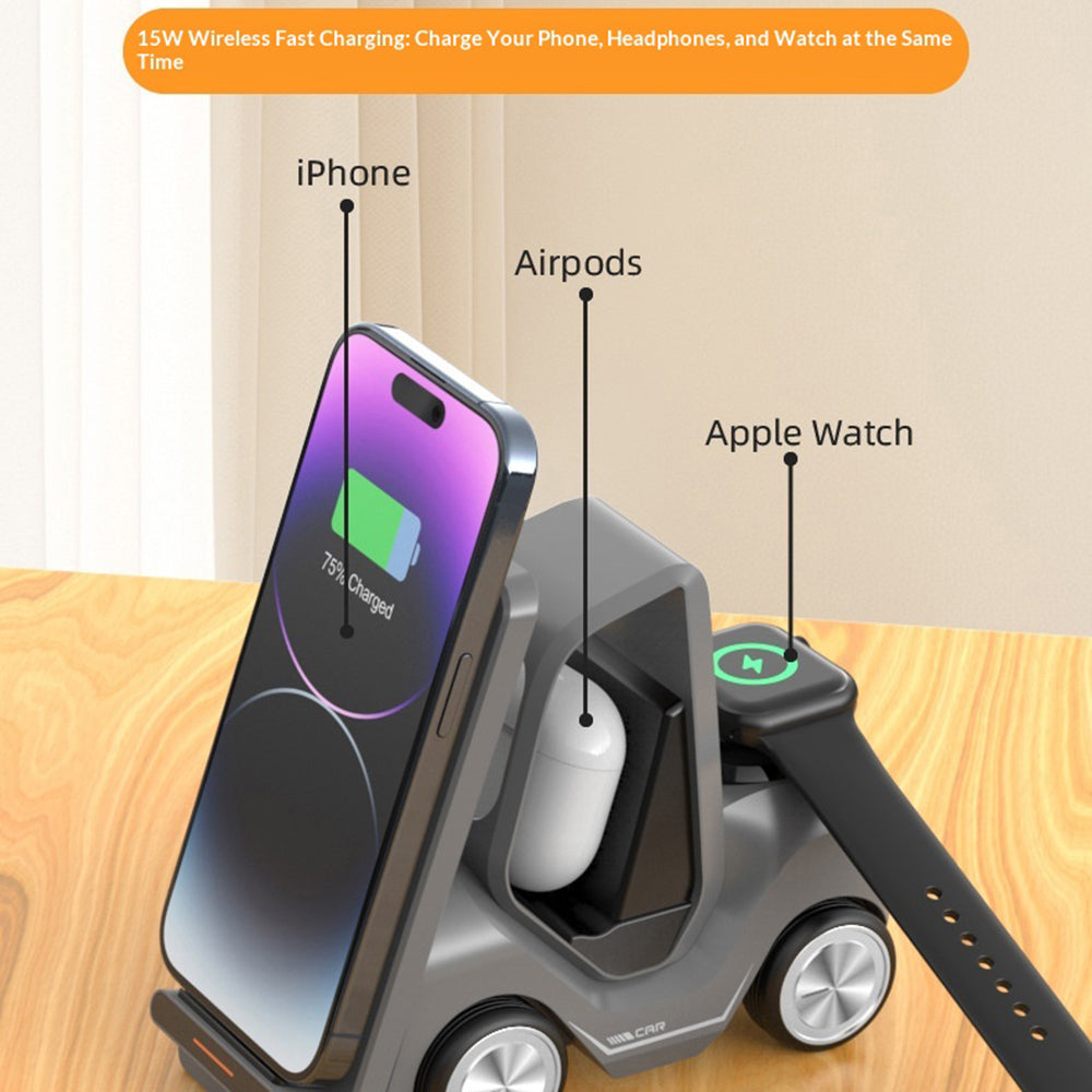 T20S Forklift Design 3 in 1 Desktop Wireless Charger Stand 15W Fast Charging for Phone Watch Earphone