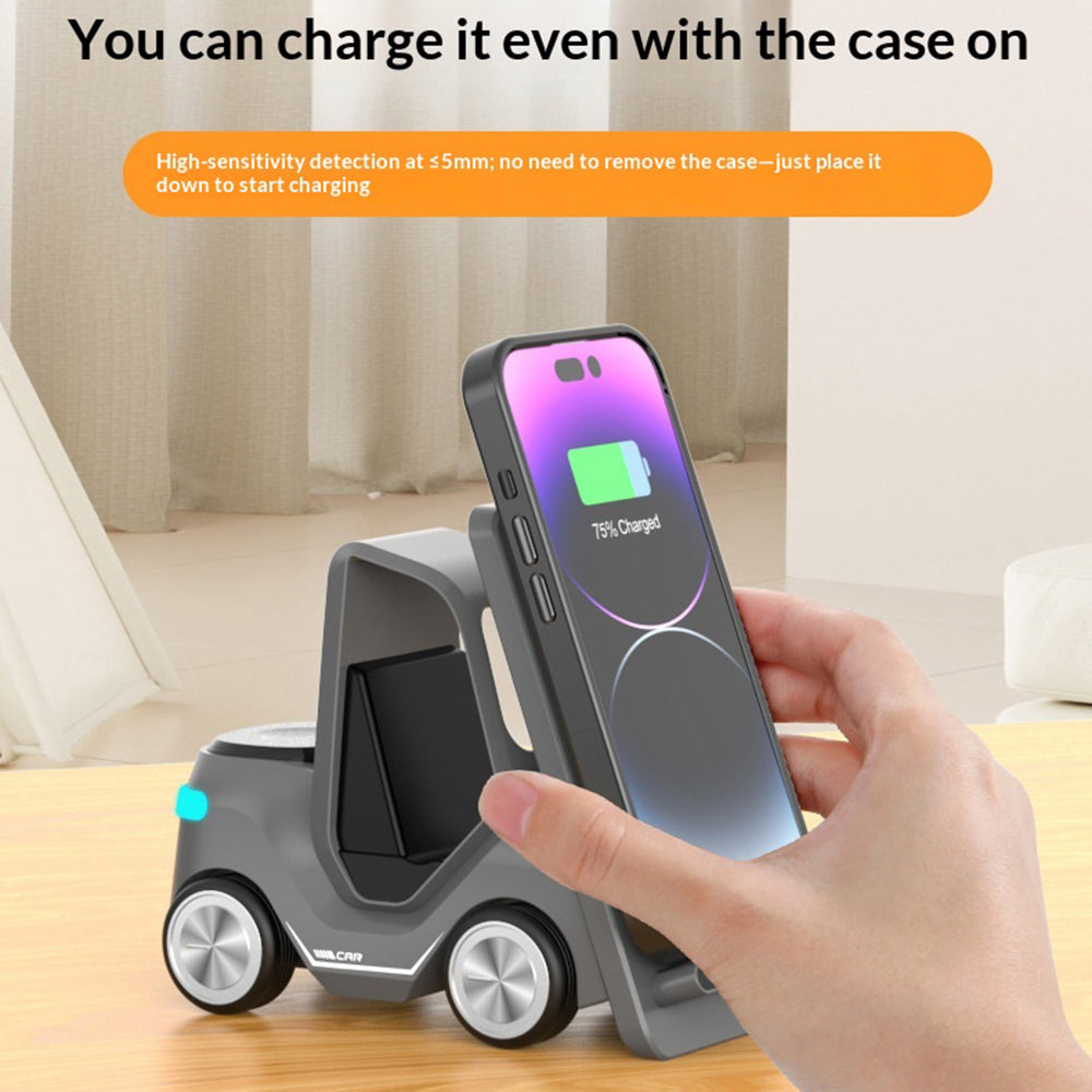 T20S Forklift Design 3 in 1 Desktop Wireless Charger Stand 15W Fast Charging for Phone Watch Earphone