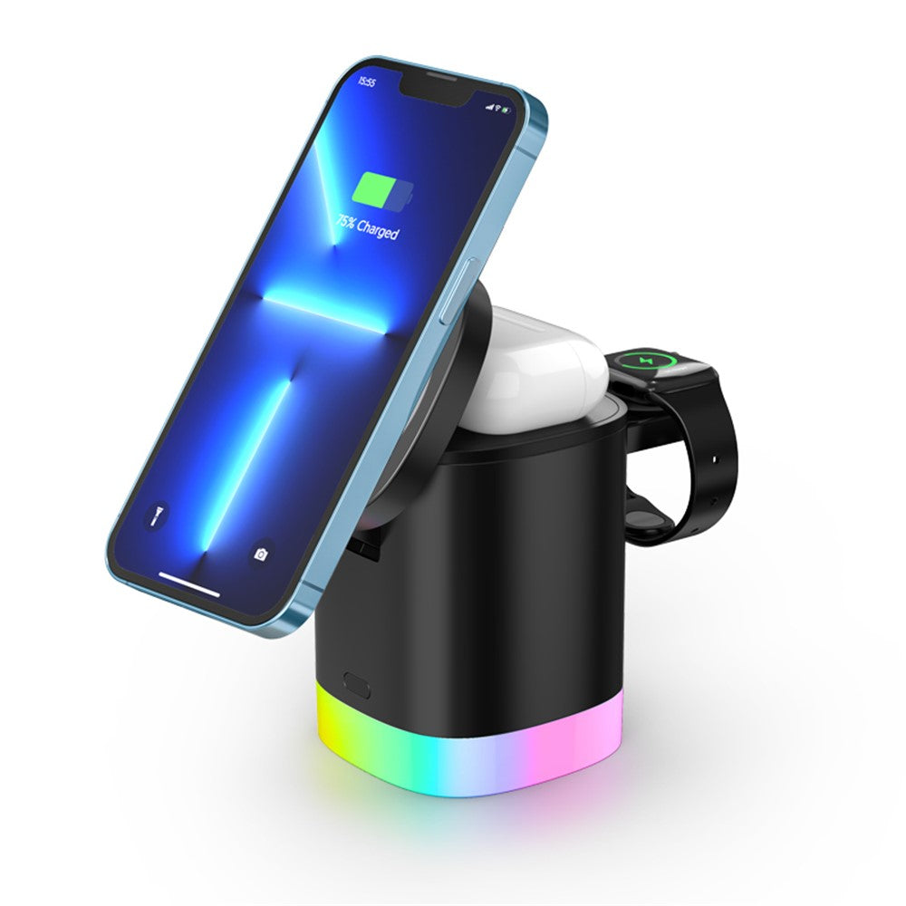 T15 3 in 1 Magnetic Wireless Charger Folding Charging Stand for iPhone iWatch AirPods Cordless Charging Station with RGB Light