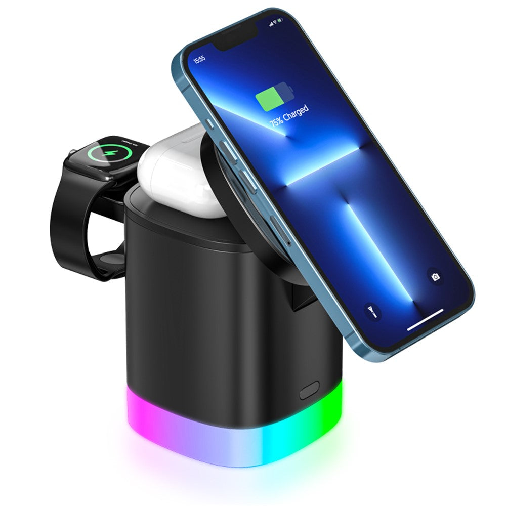 T15 3 in 1 Magnetic Wireless Charger Folding Charging Stand for iPhone iWatch AirPods Cordless Charging Station with RGB Light