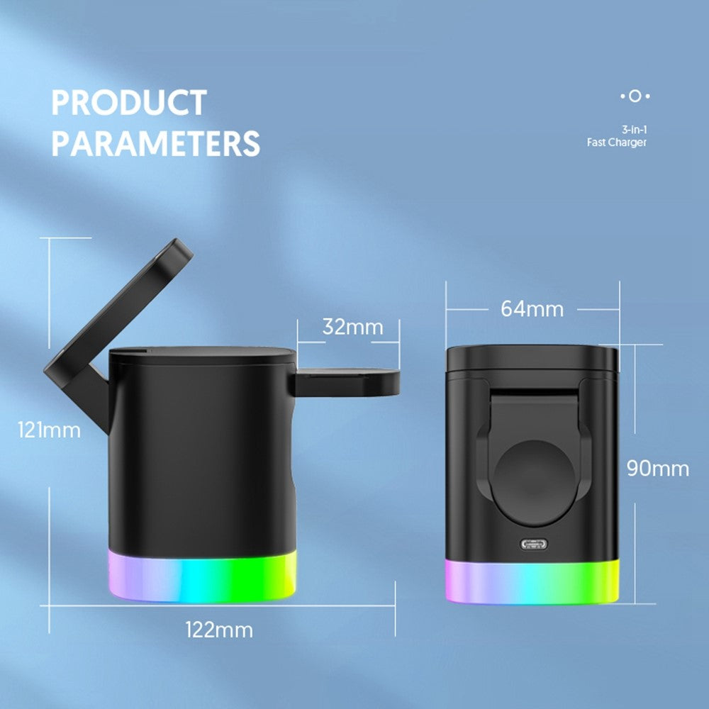 T15 3 in 1 Magnetic Wireless Charger Folding Charging Stand for iPhone iWatch AirPods Cordless Charging Station with RGB Light