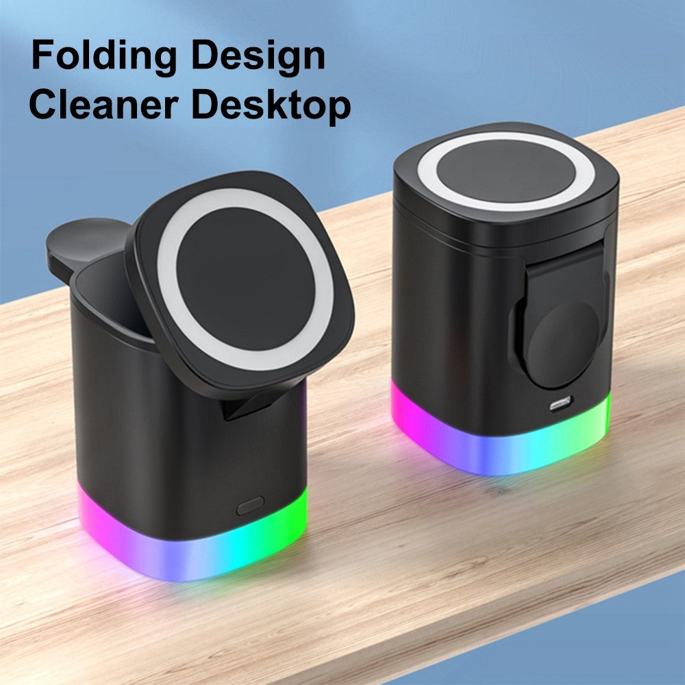 T15 3 in 1 Magnetic Wireless Charger Folding Charging Stand for iPhone iWatch AirPods Cordless Charging Station with RGB Light